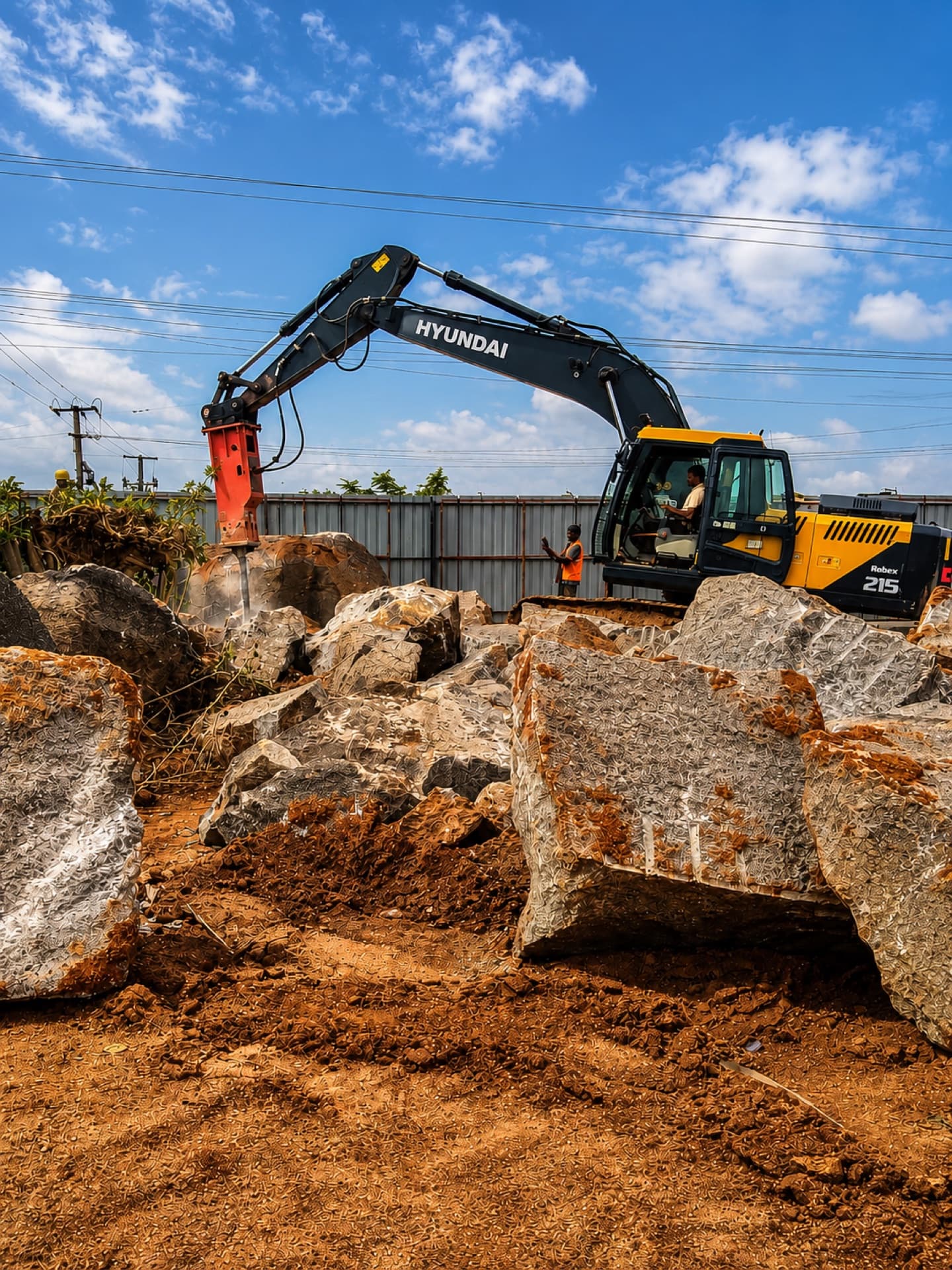 SVSVC excavator with a rock breaker splitting boulders on site